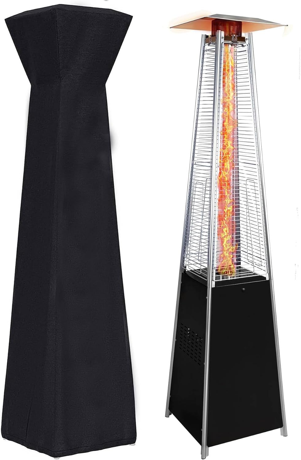 48,000 BTU Pyramid Patio Heater, Propane Outdoor Heater with Glass Tube Flame, Commercial & Residential Use, Detachable Wheels, Includes Protective Cover, Anti-Tilt Safety Shut Off, (Black)