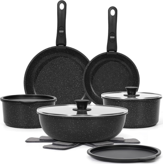 SODAY 15Pcs Pots and Pans Set Non Stick, Cookware Sets with Detachable Handle, Nonstick RV Kitchen Cooking Tools Removable Handles, Oven Safe, Induction Fast, Stackable Induction Cookware,Black