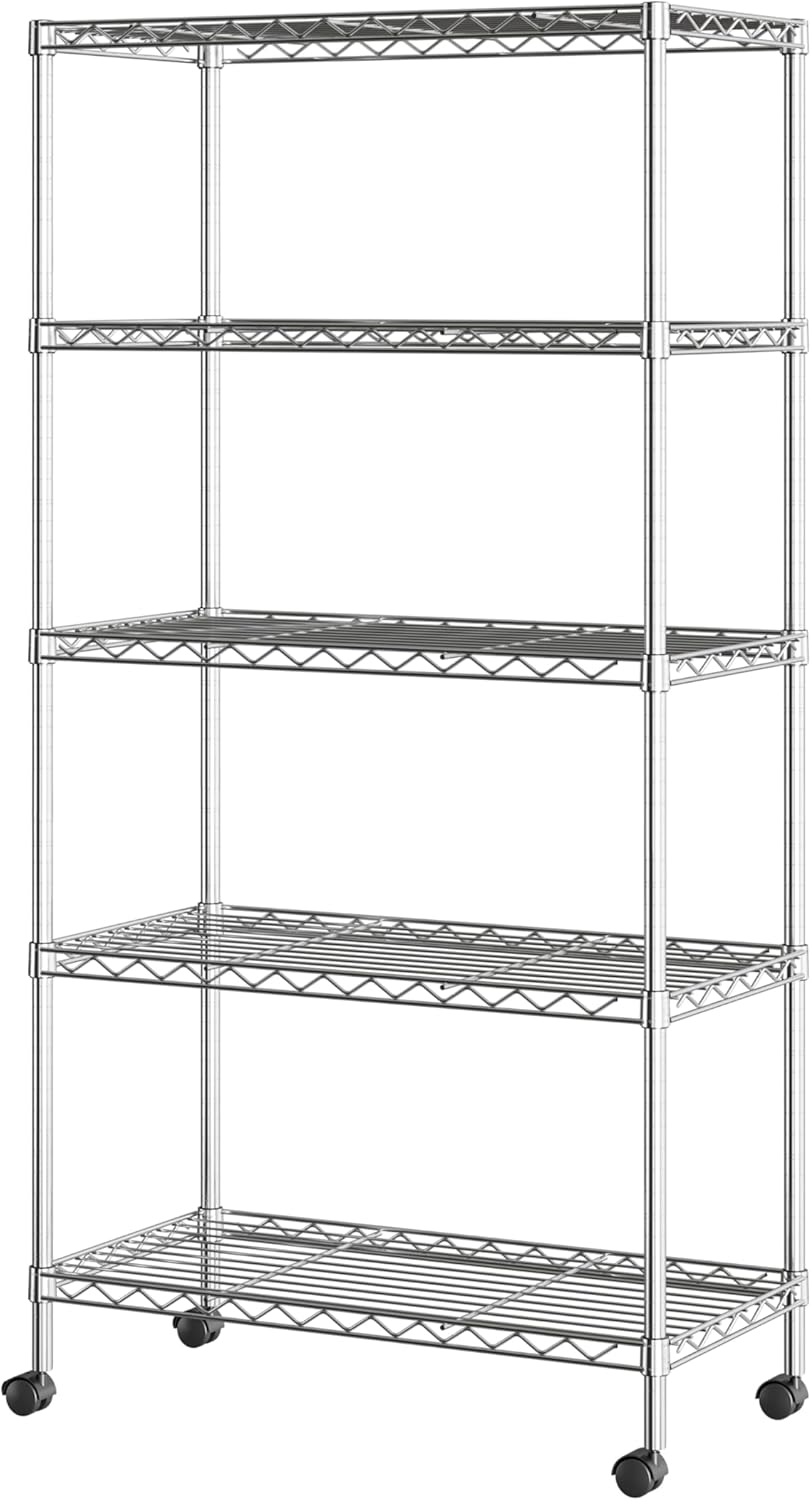 Seville Classics 5-Tier Wire Shelving with Wheels, 5-Tier, 30"" W x 14"" D (NEW MODEL), Chrome Plating, Plated Steel