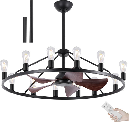 KINGTORO 44 in Black Chandelier Ceiling Fans with Lights, 12 E26 Base Living Room Fan Lights Ceiling Fixtures, Wagon Wheel Fandelier for Kitchen Dining Room（Black Chandelier+5 Walnut Fan Blades）