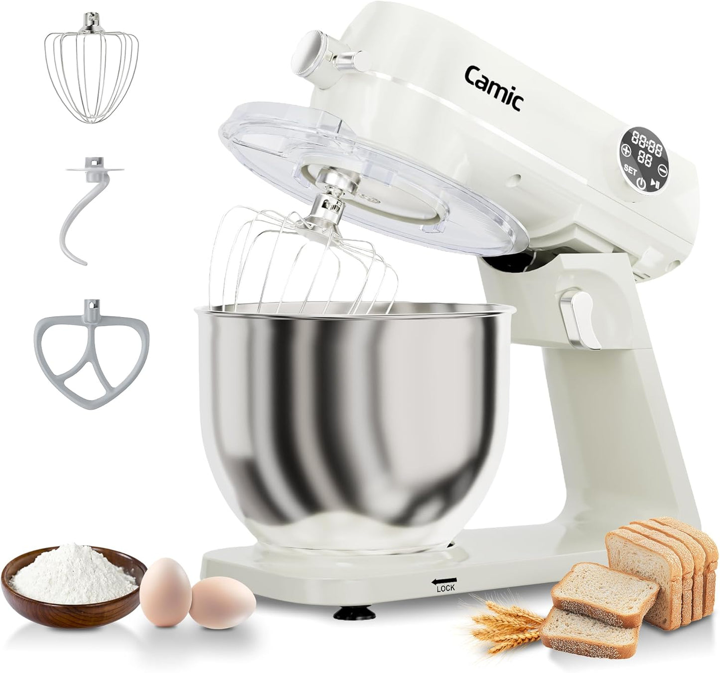 8.45 QT Digital Dough Mixer,10 Speed Large Capacity Kitchen Stand Mixer with Digital Timer & Tilt-Head, Electric Mixer with Whisk Dough Hook Mixing Beater for Baking,Cakes,Cookie,Bread,Salad(Beige)