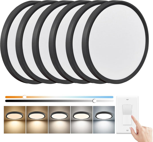 6PK 12 Inch Dimmable LED Flush Mount Ceiling Light,24W, 2520LM, 2700K\/3000K\/4000K\/5000K\/6000K CCT Selectable, Round Flat Panel Light Low Profile Ceiling Lamp for Bedroom\/Kitchen\/Living Room, Black