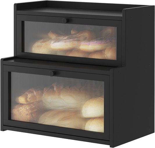 Furshus Double Layer Bamboo Bread Box for Kitchen Counter,Bread Holder,Countertop Bread Storage with Window (Black)