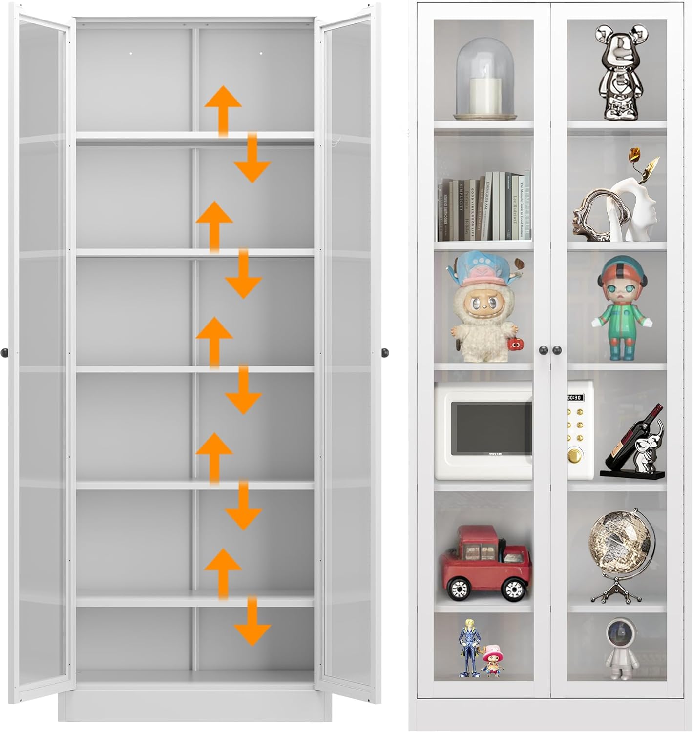 72” H Steel Display Cabinet with Glass Doors & 5 Adjustable Shelves – Storage Showcase for Collectibles, Kitchen Appliances & Books – Durable White Bookshelf Cabinet for Study, Living Room & Kitchen