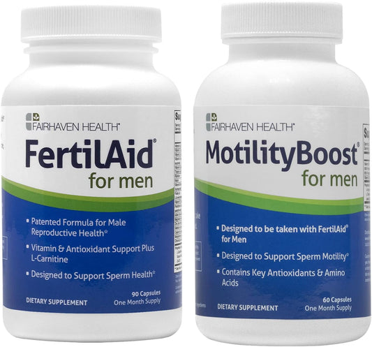 FertilAid for Men and MotilityBoost Combo, Prenatal Vitamins and Male Fertility Supplement to Support Count and Motility with L-Carnitine, CoQ10, Zinc and More, 150 Capsules, 1 Month Supply