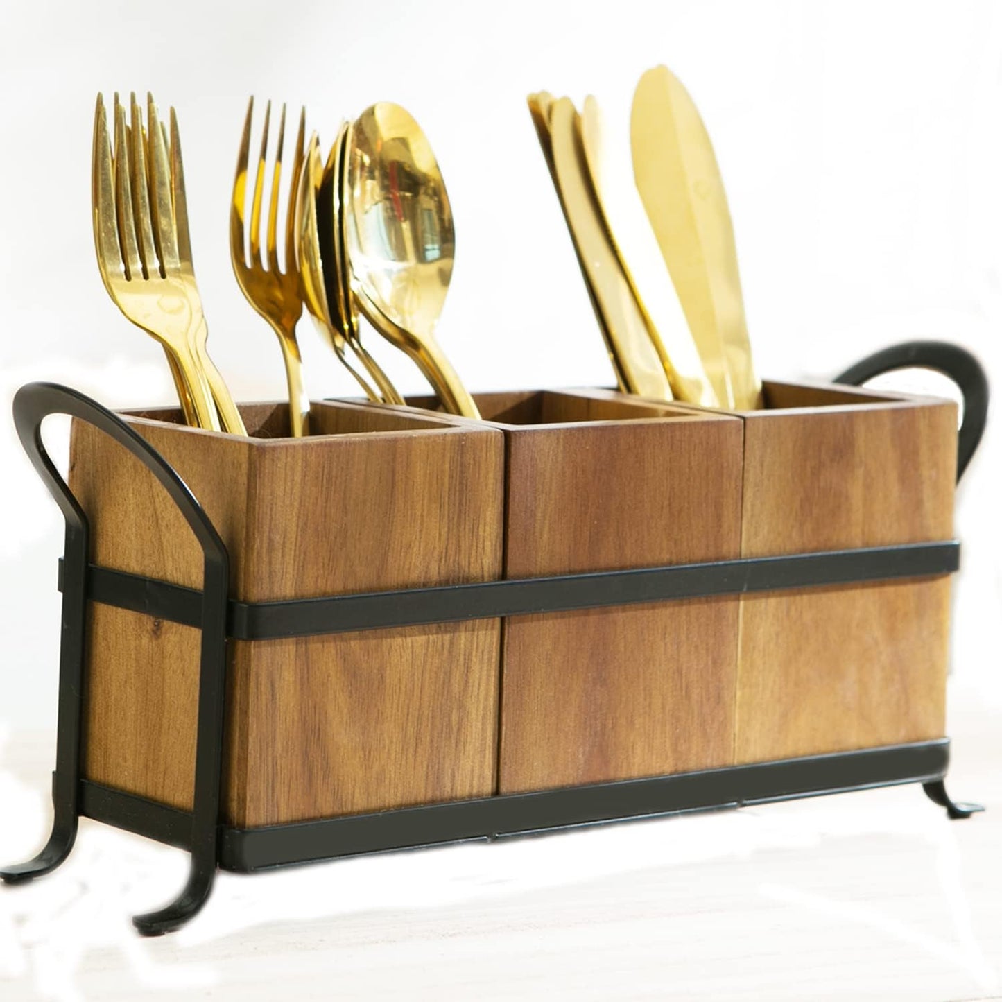 NelyBet Utensil Caddy Silverware Cutlery Holder with 3 Compartment, Wooden Utensil Crock Flatware Organizers with Metal Tray, Rustic Kitchen Utensil Organizers for Farmhouse Kitchen and Countertop