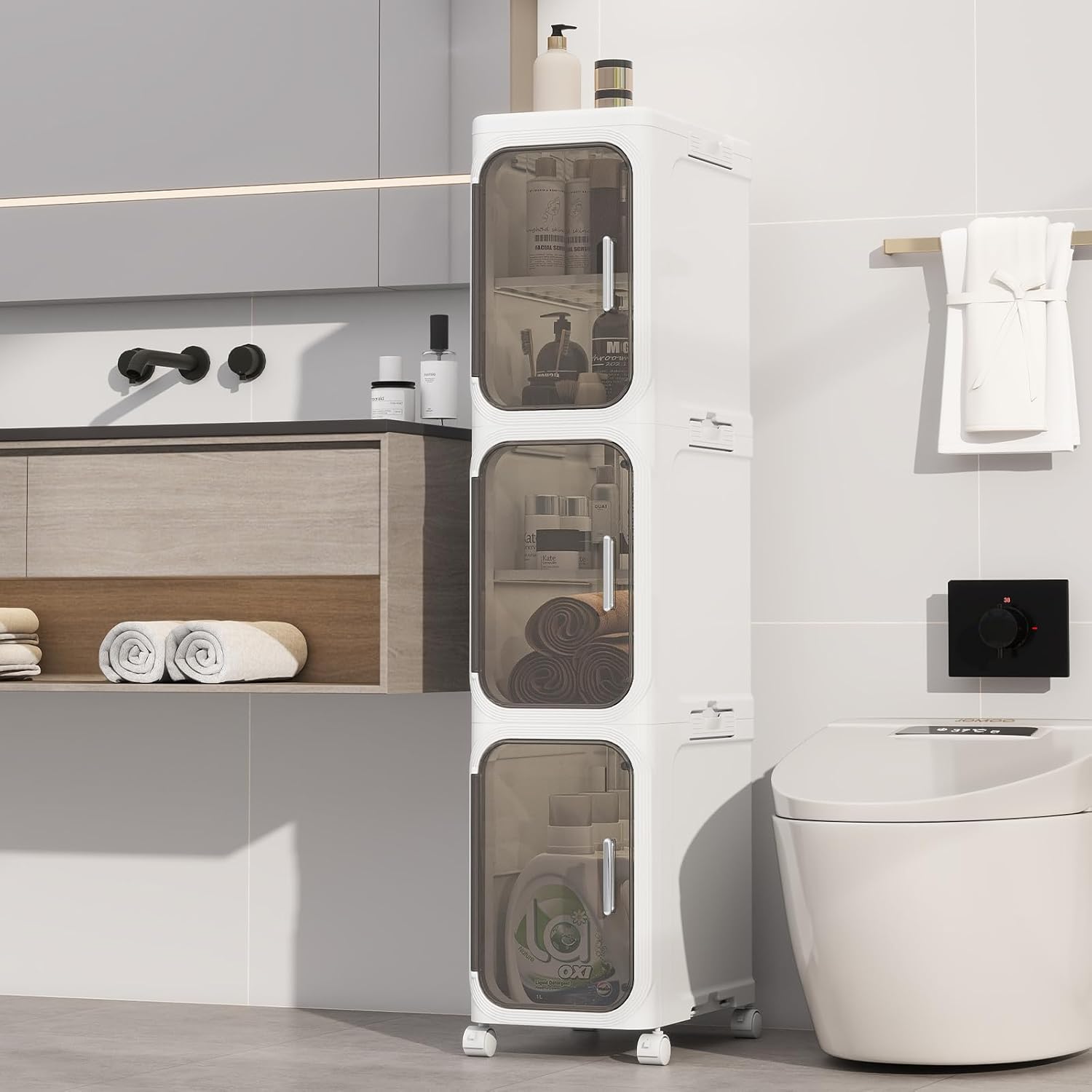 KHNR 3-Tiers Slim Bathroom Storage Cabinet, Foldable Storage Cabinets,Narrow Bathroom Storage,Movable Bathroom Storage Organizer for Small Spaces,Bathroom,Kitchen,Laundry,White