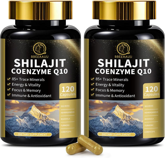 Shilajit Capsules with Sea Moss & Ashwagandha for Men & Women,12 in 1 Himalayan Shilajit Supplements with Coenzyme Q10, Fulvic Acid & Humic Acid, Lion's Mane, Energy & Immune, 120 Count, 2 Pack