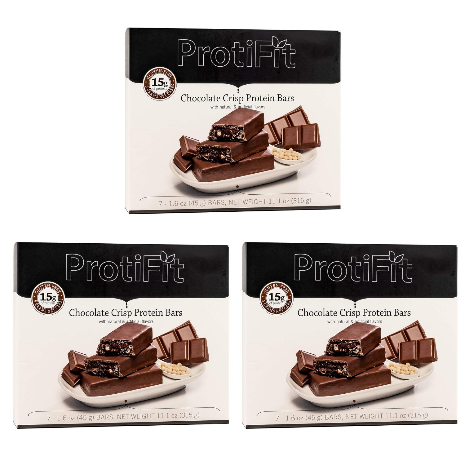 PROTIFIT - Low Calorie Chocolate Crisp Protein Bar 3 Pack, High Protein, 15g Protein, Low Carb, Low Sugar, Ideal Protein Compatible, 7 Servings Per Box, (3 Pack)