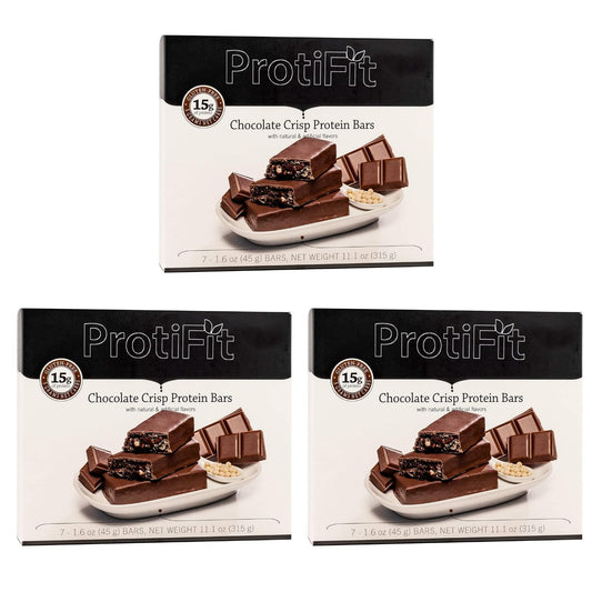 PROTIFIT - Low Calorie Chocolate Crisp Protein Bar 3 Pack, High Protein, 15g Protein, Low Carb, Low Sugar, Ideal Protein Compatible, 7 Servings Per Box, (3 Pack)