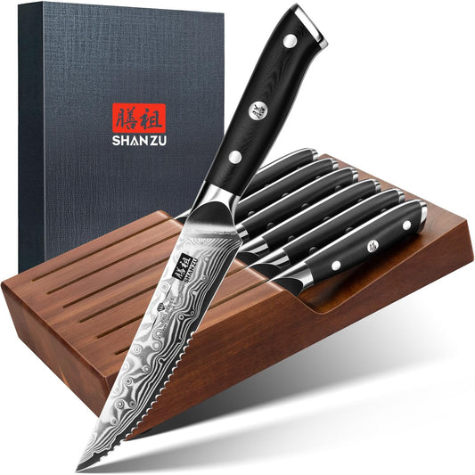 SHAN ZU Steak Knife of 7, 4.5 Inch Damascus Steak Knife Set with Block, Japanese High Carbon Steel Kitchen Serrated Knives Set with Ergonomic G10 Handle and Gift Box
