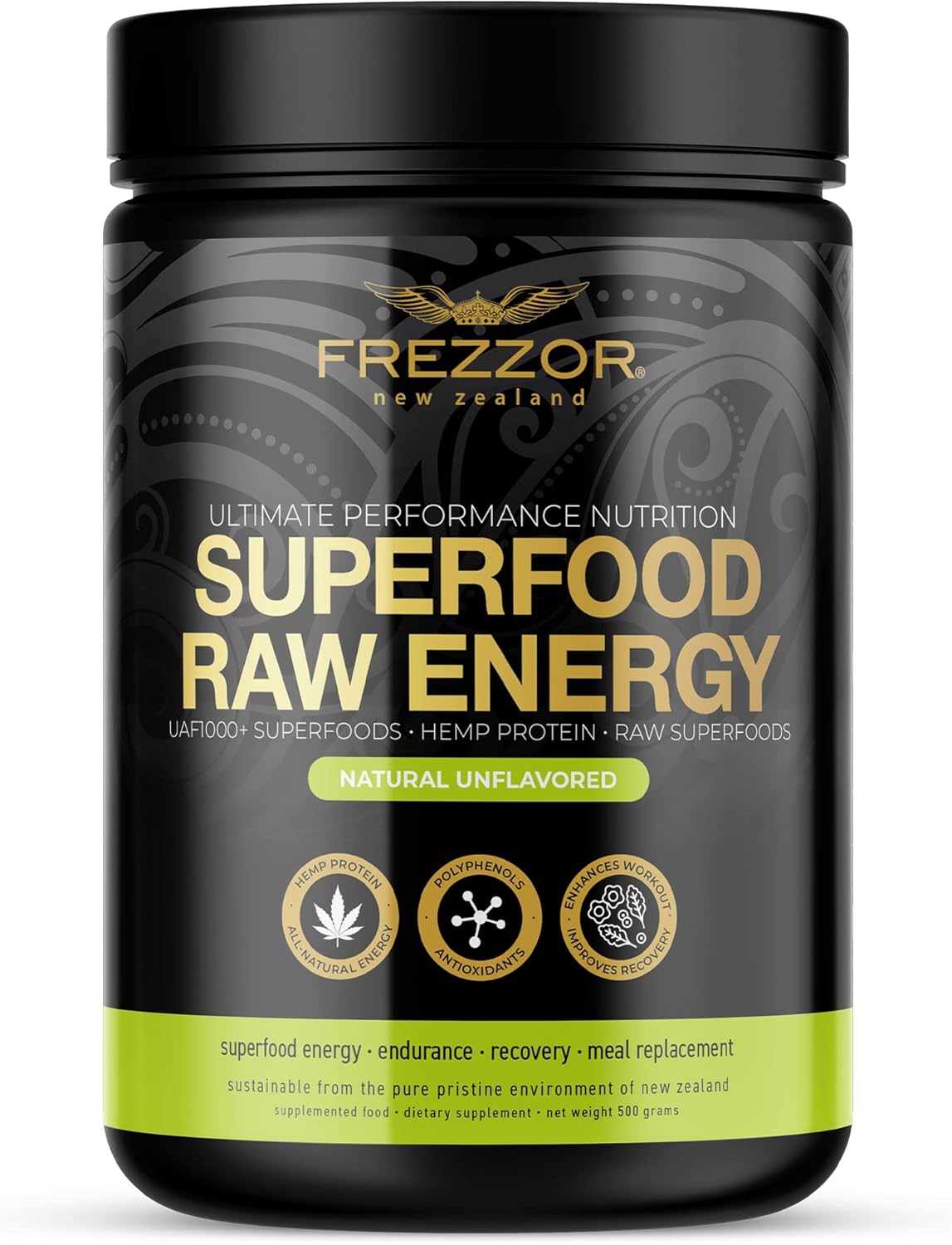 FREZZOR Superfood Raw Energy Powder with UAF1000+, All-Natural Hemp Protein, Energy Packed, Full Spectrum Plant Proteins, Amino Acids & Antioxidants, Prebiotic, Probiotic, 500g, 50 Scoops, 1 Count