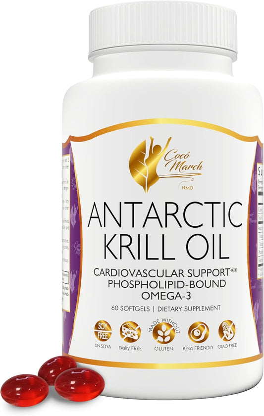 Cocó March N.M.D Pure Antarctic Krill Oil - 1000 mg Phospholipid Bound Marine Omega-3 EPA, DHA, Choline and Astaxanthin - Fast Absorption - Cardiovascular & Joint Support (Krill Omega Oil)