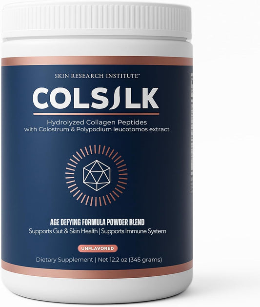 Skin Research Institute ColSilk Unflavored Hydrolyzed Collagen Powder with Colostrum and Polypodium - Skin, Hair, Nails, Gut Health and Joint Support - One Scoop Daily | 1 Month Supply