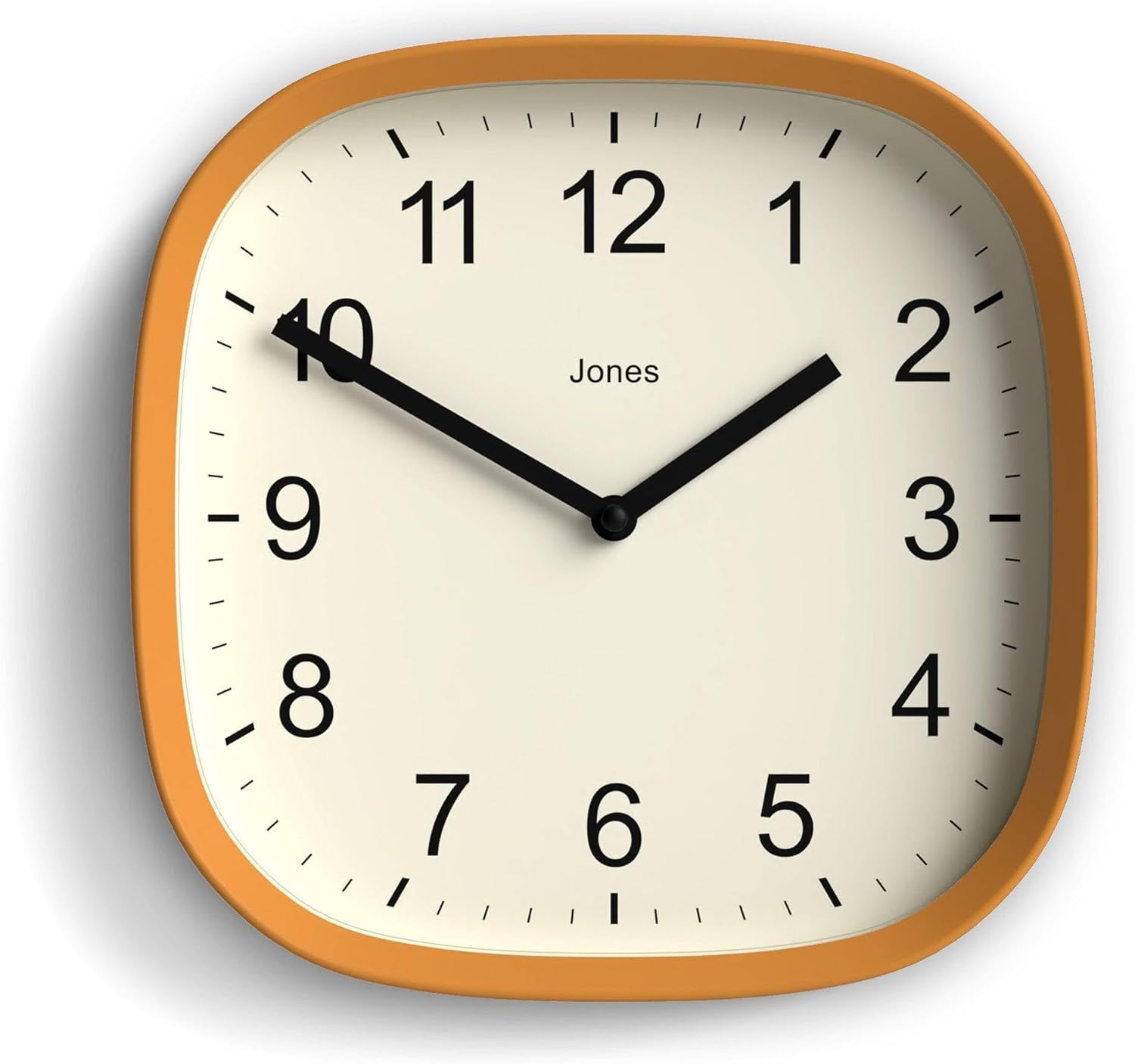 JONES CLOCKS® Sprite Wall Clock | Modern Retro Rounded Square Clock | 10 inch | Mustard Yellow | Easy to Read Numbers | Perfect for Kitchen or Office