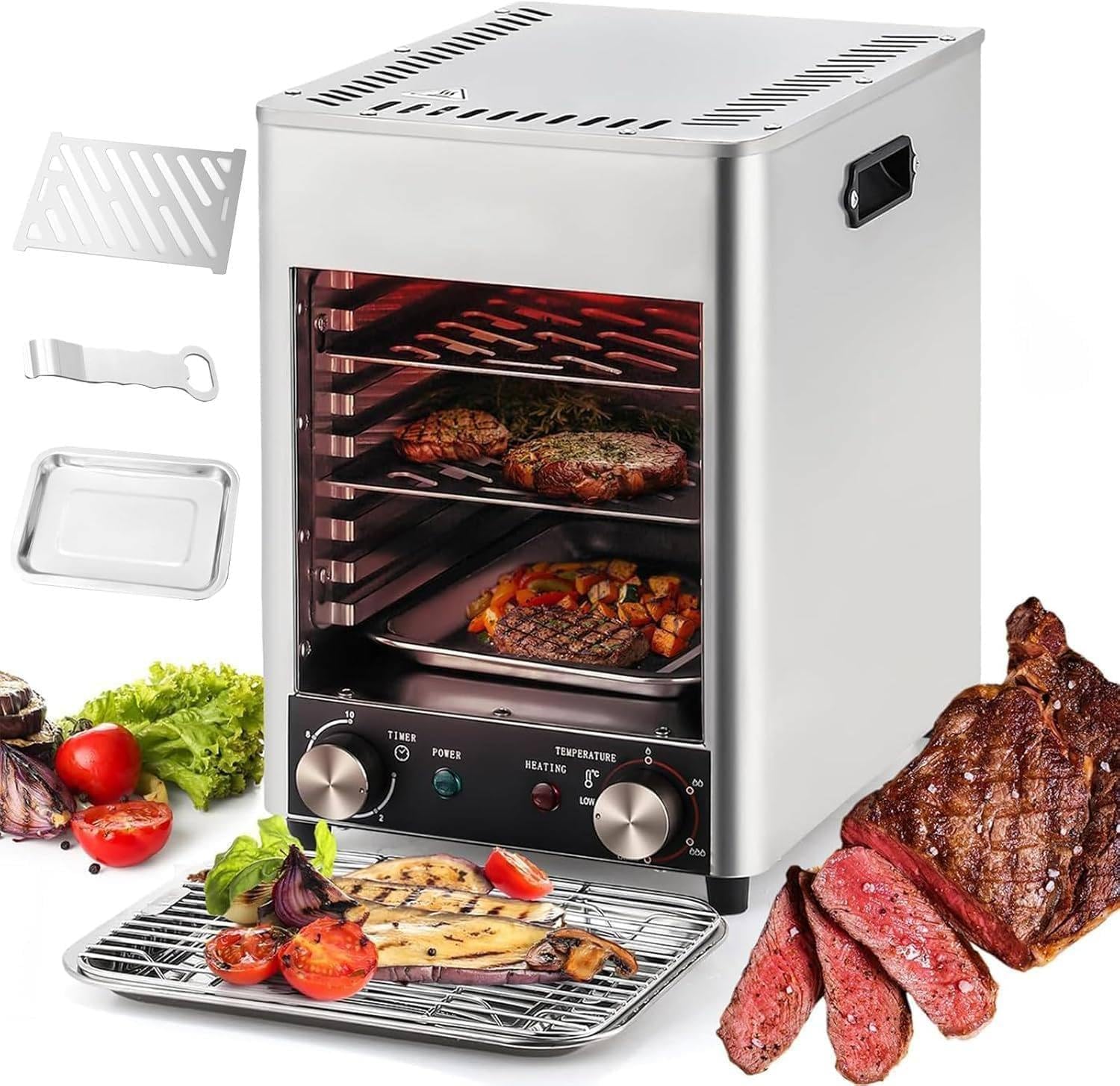 1700W Electric Steak Grill - 10 Layer Grill | with 10min Timing & 1472℉\/800℃ Temperature Adjustment, Steak Oven, Commercial Electric Oven with Tray & Grill & Handle, 5 Minutes Preheating,1Rack