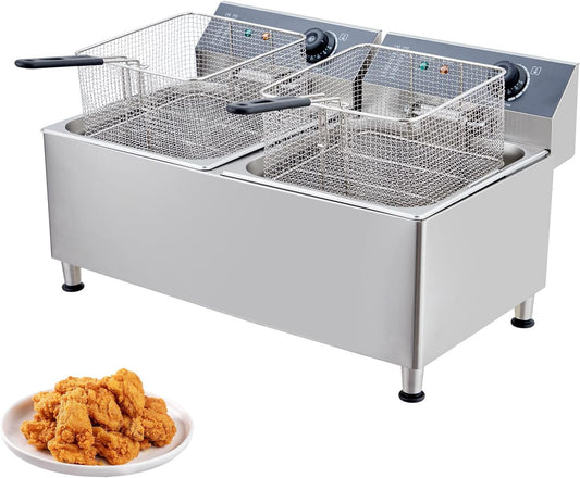 23.2 Quart Commercial Electric Deep Fryer, Stainless Steel Double Basket with Lids, 1700W Quick Heating, Adjustable Temperature 140℉-392℉ & Feet for Restaurant & Home Kitchen Use