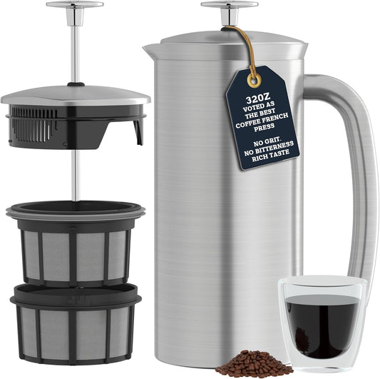 ESPRO P7 French Press Coffee Maker - Double-Walled Stainless Steel Insulated with Micro-Filter, 32 Ounces, Brushed Stainless Steel