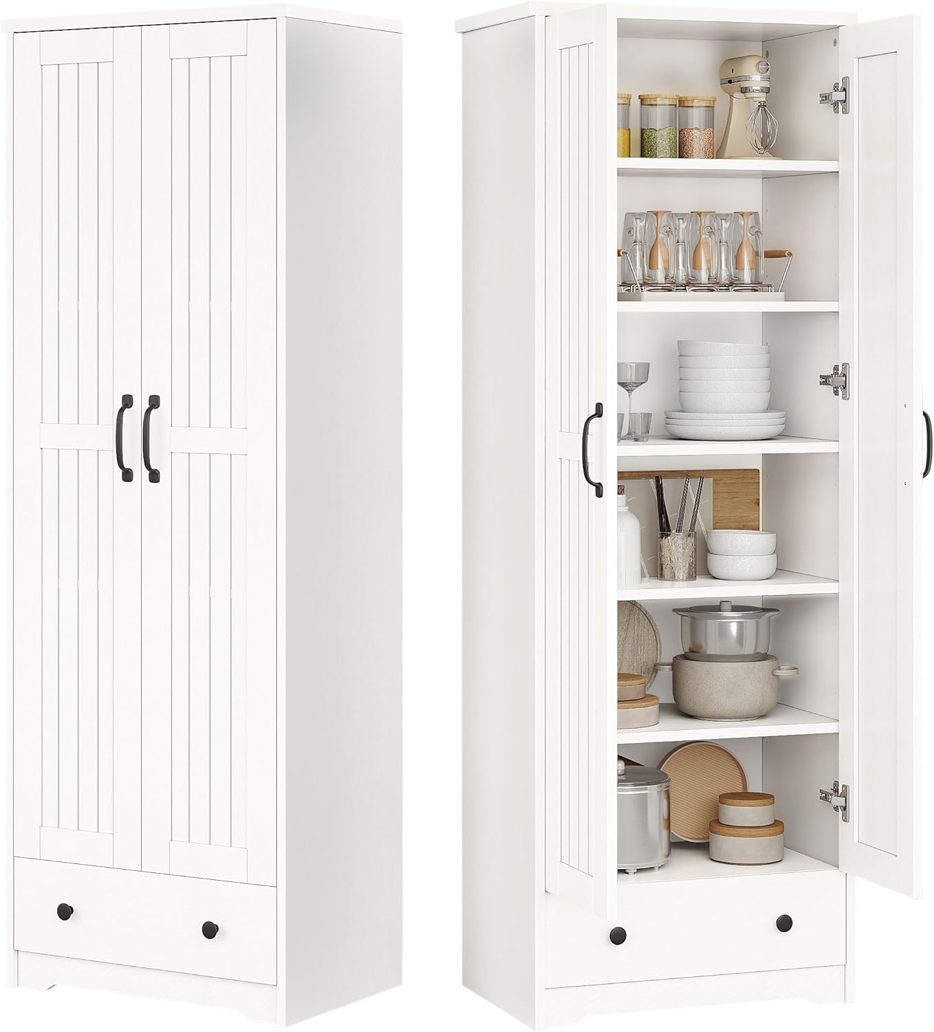 70" Tall Storage Cabinets, Large Wood Storage Pantry Cabinet with 6 Adjustable Shelves, 2 Striped Doors & Drawer, Standing Utility Cabinet for Kitchen, Bathroom, Dining Room, Antique (White)