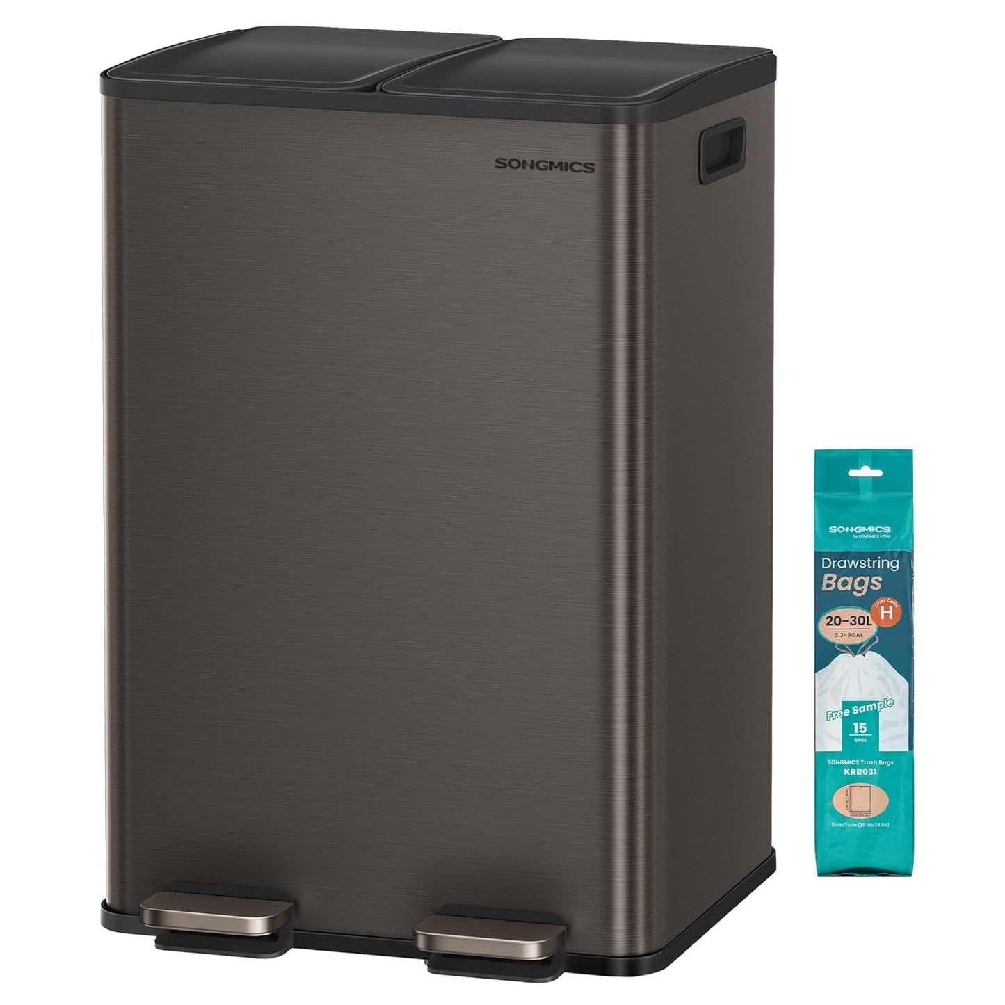 SONGMICS Trash Can, 2 x 8 Gallon (2 x 30 L) Dual-Compartment Garbage Can with Soft-Close Lid, Pedal and Inner Buckets, Stainless Steel, Includes 15 Liner Bags, Slate Gray ULTB741G01