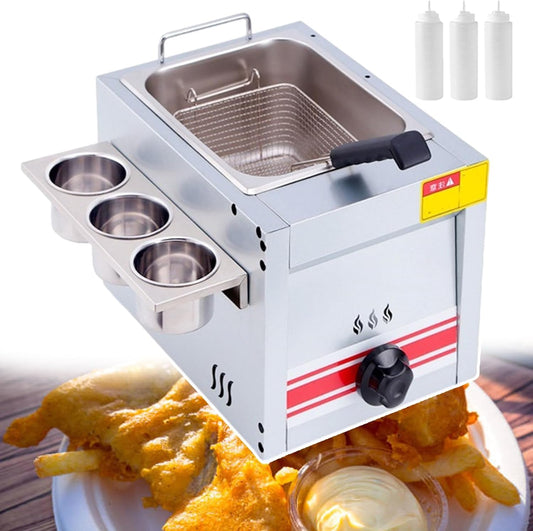 Countertop Gas Fryer 10L Large Capacity Single Cylinder Fryer with Removable Baskets, Seasoning Tank, Adjustable Firepower, Household Appliances Commercial and Home Use