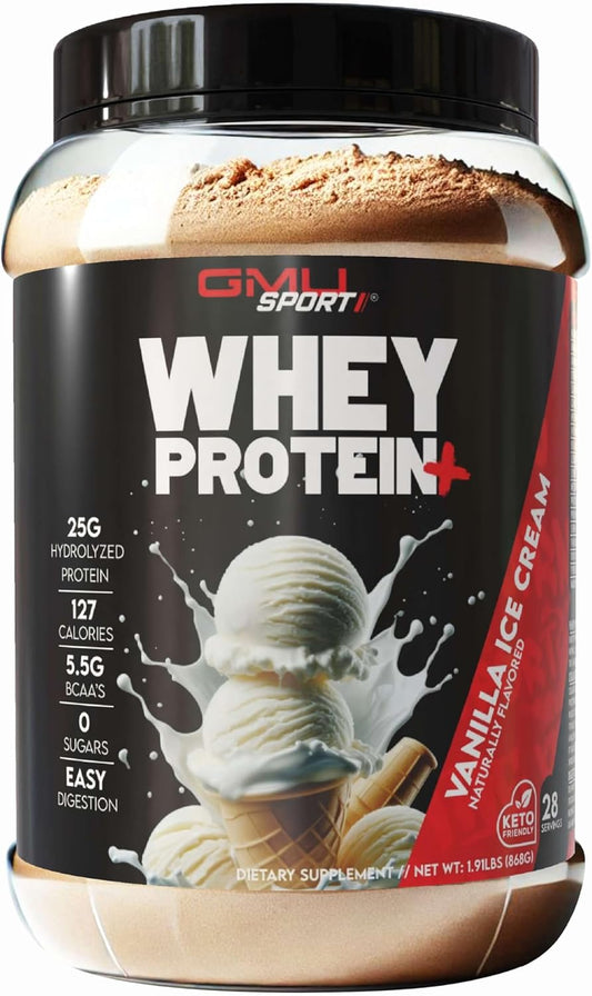 GMU SPORT Whey Protein Powder+ Concentrate 2lb | 25g Protein for Muscle Growth & Recovery | Delicious Flavor, Easy to Mix | Non-GMO, Gluten-Free |28 Servings Vanilla Protein Supplement