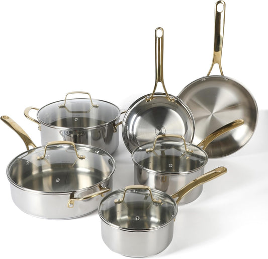Martha Stewart Castelle 10 Piece 18\/8 Durable Stainless Steel Induction Safe Pots and Pans Non-Toxic Kitchen Cookware Set - Gold Handles - Dishwasher Safe