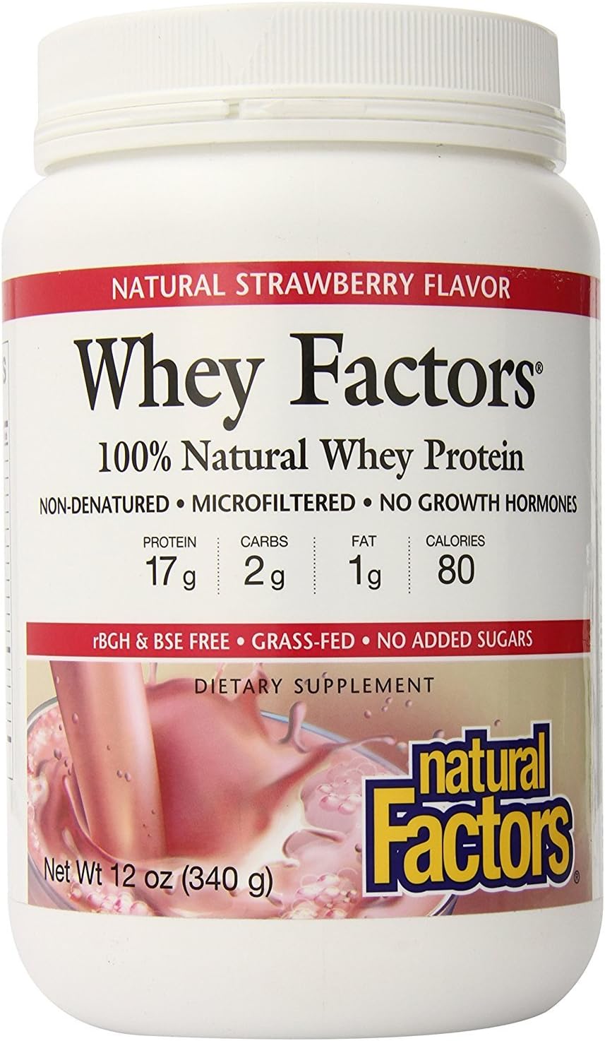 Whey Factors by Natural Factors, Grass Fed Whey Protein Concentrate, Aids Muscle Development and Immune Health, Strawberry, 12 Oz
