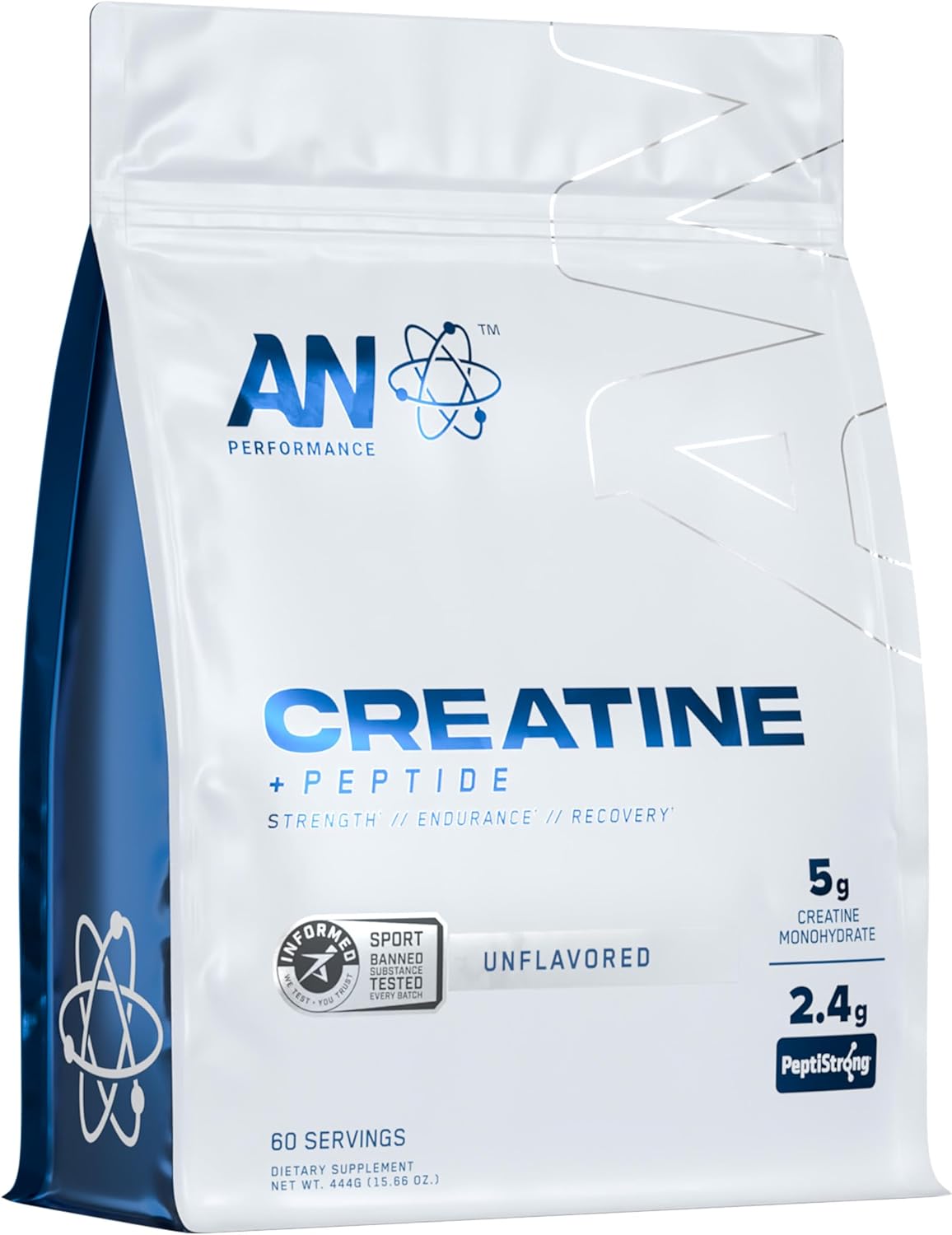 AN Performance Creatine + Peptide | Unflavored | 5g Creatine Monohydrate, 2.4g PeptiStrong | Gluten-Free, Low Carb, Low Fat | Keto Friendly | 60 Servings
