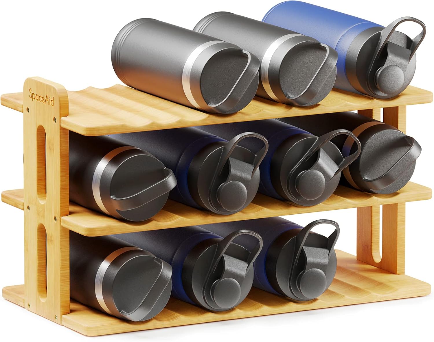 SpaceAid Bamboo Water Bottle Organizer with Labels, Kitchen Pantry Water Bottle Storage Rack for Cabinets, Home Cup and Wine Bottle Holder Shelf Organizers, (3-Tier, Hold 12 Bottles)