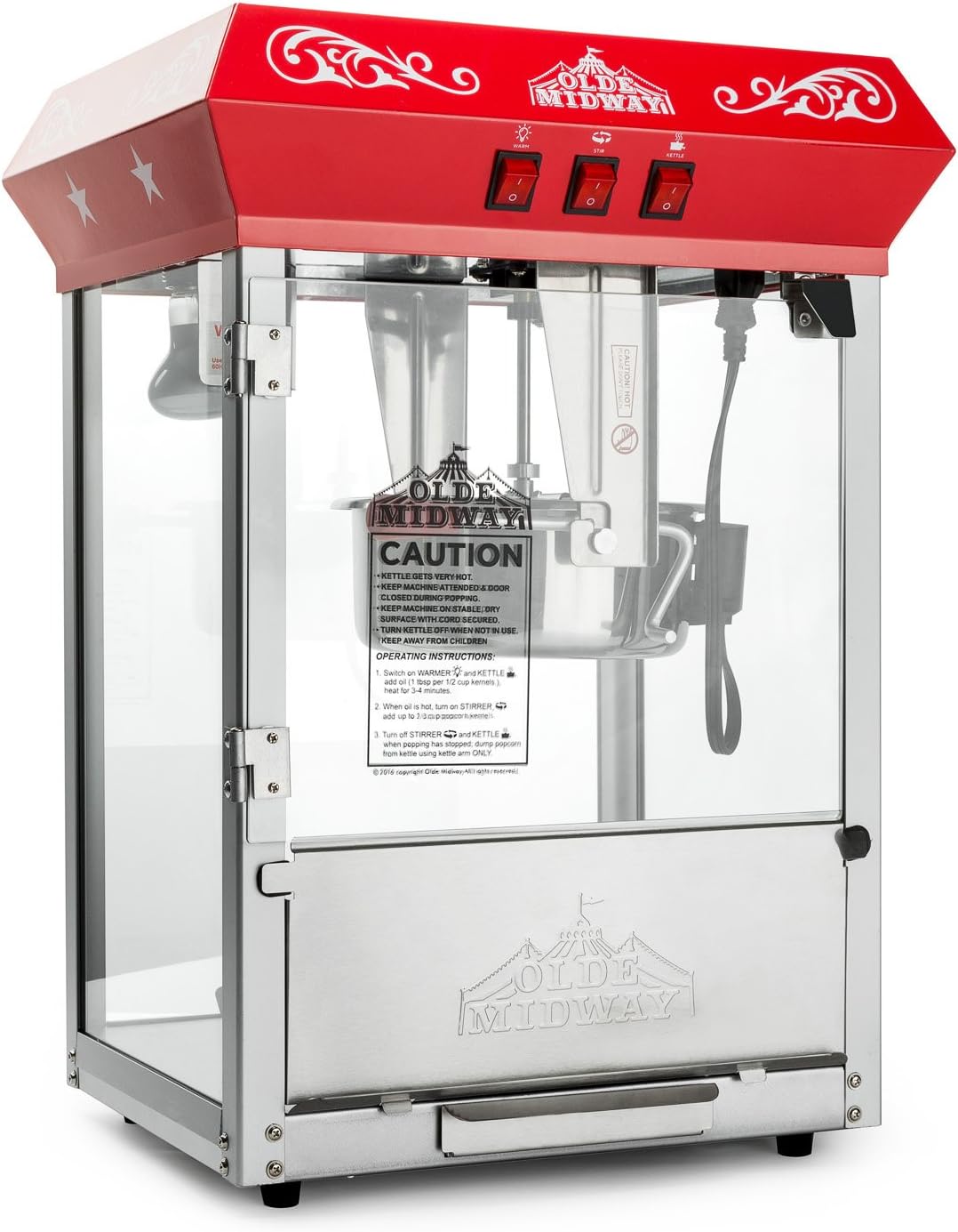 Olde Midway Bar Style Popcorn Machine Maker Popper with 10-Ounce Kettle - Red