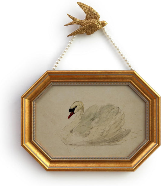 SoochART Gold Framed Canvas Wall Art Vintage Decor,White Swan Painting Prints,8"x12"Picture Frame With Accessories for Living Room Bathroom Kitchen Bedroom