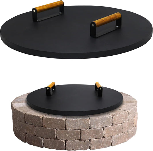 22” Round Fire Pit Lid – Heat Resistant fire pit cover round metal for Outdoor Fireplace 16 Gauge Steel Flat Fire Pit Burner Pan Cover with 2 Wooden Handles Snuffer Lid for Round Patio Fire Pit Ring