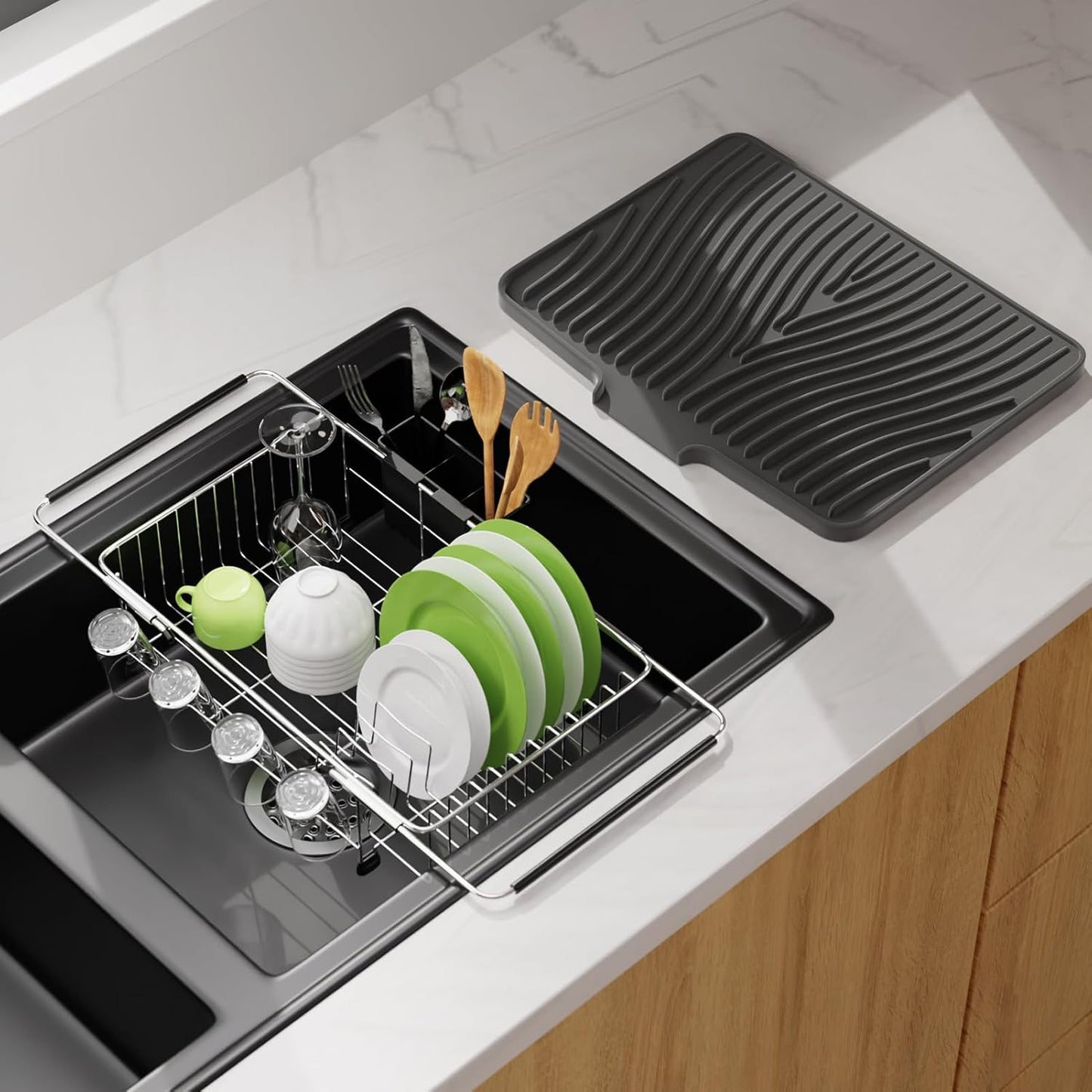 Dish Drying Rack in Sink With Non-Slip Silicone Mat Set, Expandable Carbon Steel Dish Drainers for Kitchen Counter, Bowl Dryer Rack Mat for Inside Sink, Over The Sink D ish Racks(COLOR:Grey+Silver)
