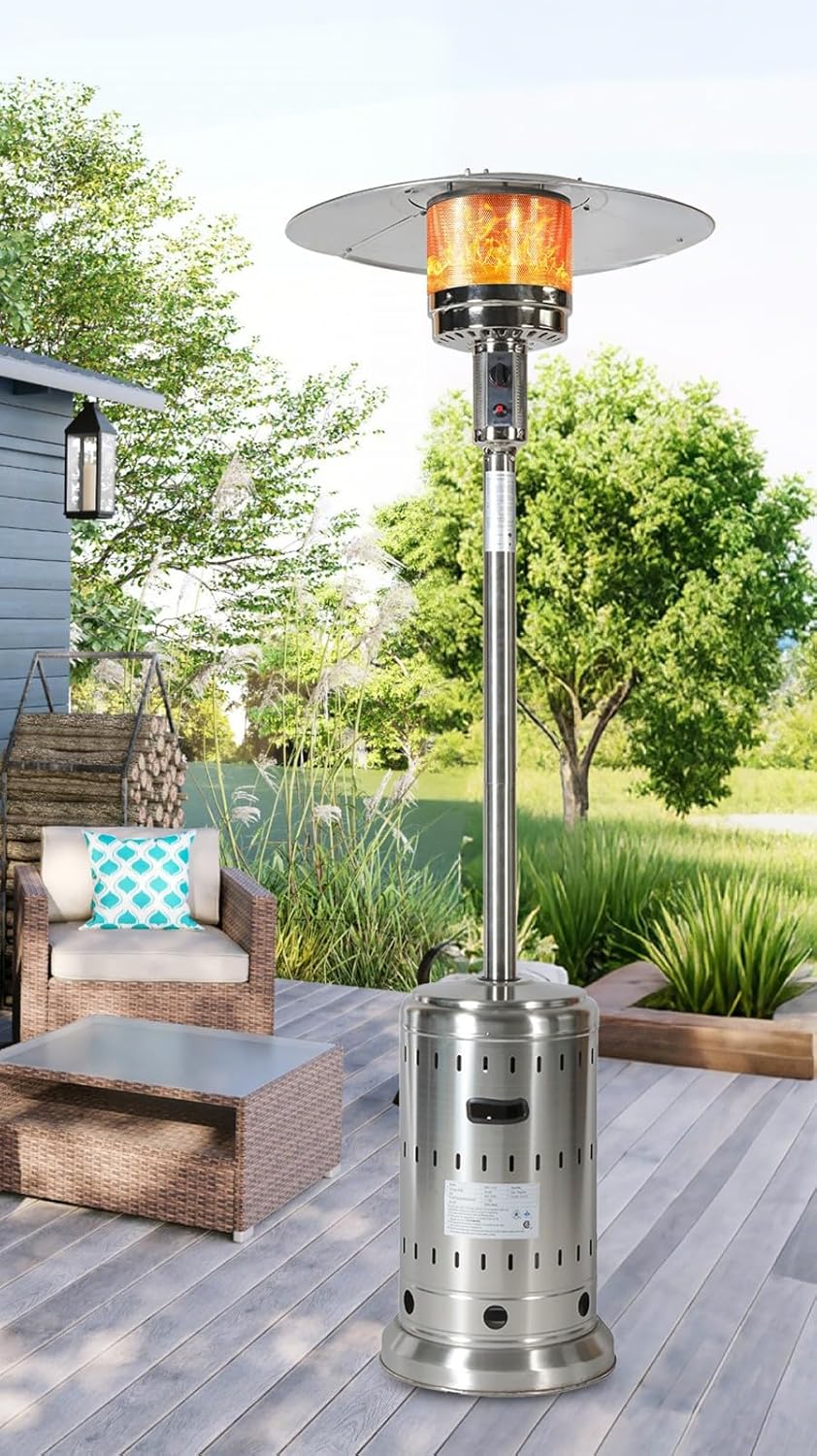48,000 BTU Outdoor Propane Patio Heater - Stainless Steel,18ft Range, Wheels & Cover,Triple Safety Protection(Anti-Tilt,Flame-Out Sensor,Ground Fixer),Weather-Resistant,Commercial & Residential Use