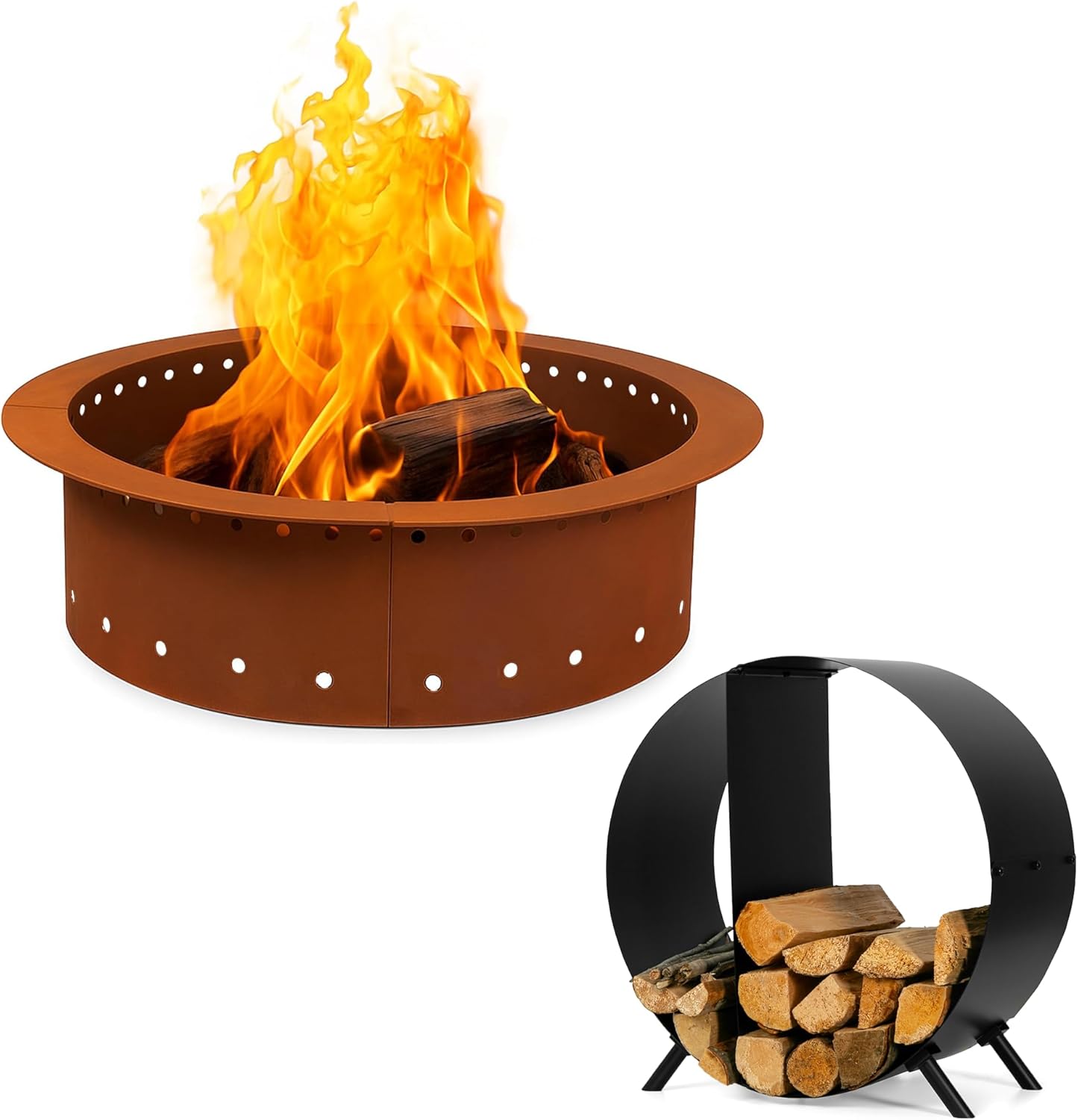 Heavy Duty 36" Smokeless Corten Steel Fire Pit Ring & 24" Iron Forge Tools Firewood Rack with Cover – Perfect Outdoor/Indoor Bundle for Cozy Evenings & Log Storage