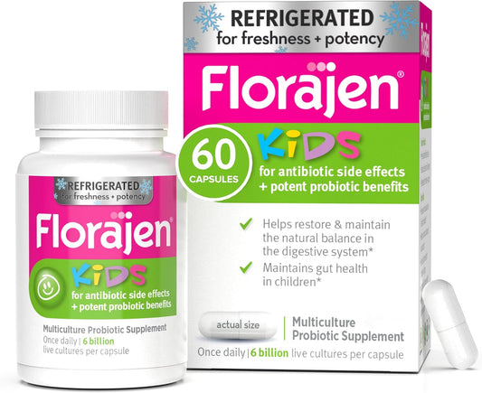 Florajen Kids Probiotic - Daily Gut & Immune Support for Children 6+ Months - Constipation, Bloating, & Digestive Relief - Refrigerated for Freshness & Potency - 60 Capsules