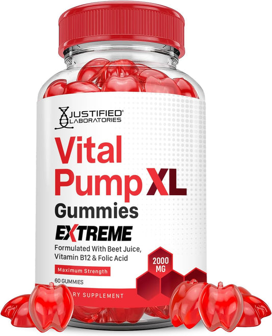 Justified Laboratories Vital Pump XL Extreme 2000MG Performance Gummies Vital PumpXL Advanced Formula Formulated with Beet Juice ACV Pomegranate Powder B12 Vegan Non GMO 60 Gummys