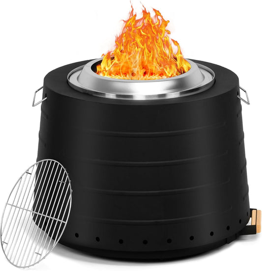 HOMREST 20 Inch Smokeless Fire Pit, Portable Outdoor Firepit with Cooking Grate for Camping, 304 Stainless Steel Stove Bonfire with Removable Ash Pan & Weather Cover for Backyard, Patio (Black)