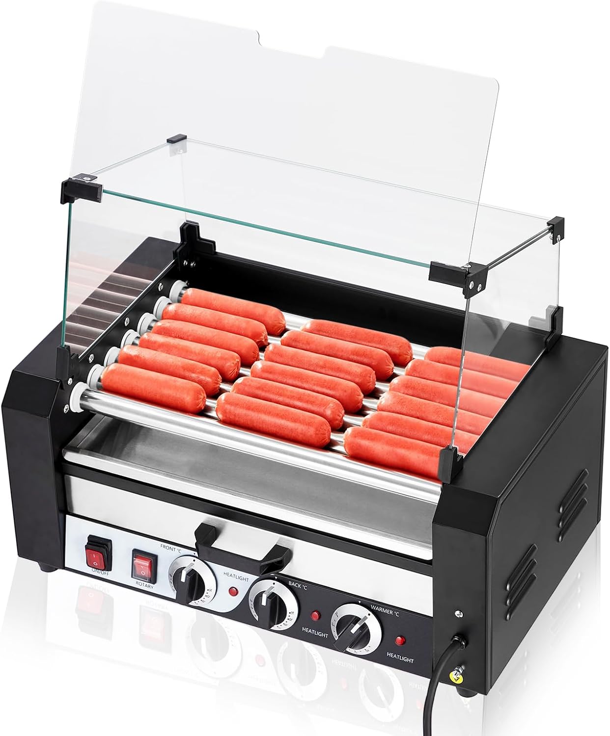Hot Dog Roller Machine with 7 Stainless Steel Rollers & Bun Warmer, Commercial Electric Cooker Grill, Portable Sausage Maker for Home, Parties, Concession Stands