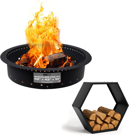 Iron Forge Tools 48"/42" Heavy-Duty Round Smokeless Fire Pit Ring Insert Liner - Outdoor Metal Fire Ring - Utility Patent Pending (48x42x10)
