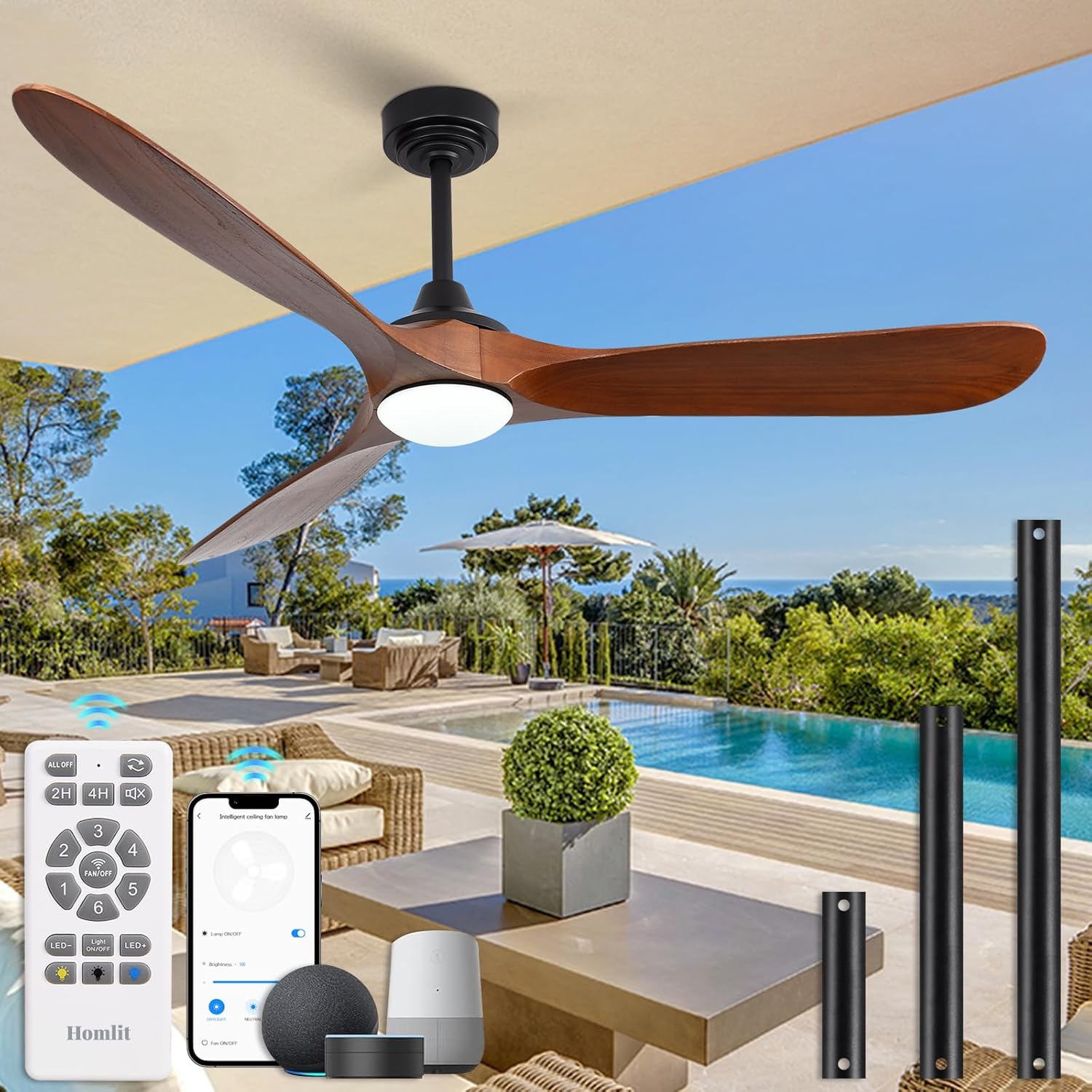 Homlit 60\u201D Outdoor Ceiling Fan with Light 3 Downrods, Smart Wood Ceiling Fan Compatible with Alexa\/Google\/App, 3 Blades Modern Walnut Wood Ceiling Fans for Kitchen Living Room Patio