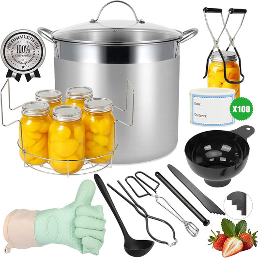 HOMKULA Stainless Steel Canning Pot with Rack and Lid, Large Water Bath Canner, Full Home Canning Supplies Starter Kit (20.5 Quarts, Black)