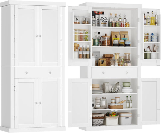usikey 72\u201D Pantry Cabinet, Tall Kitchen Storage Cabinet with 4 Doors and 1 Drawer, Cupboard with 6 Hanging Shelves and Adjustable Shelves for Kitchen, Dining Room, Living Room, White