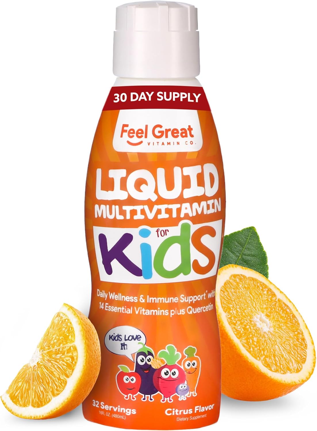 Feel Great Sugar Free Kids Multivitamin \u2013 Liquid Multivitamin | Essential Vitamins for Immune Support | Orange Flavored, Vegetarian Formula | 30 Day Supply