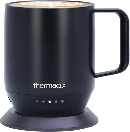 THERMACUP Premium Heated Coffee Mug with 5 Temperature Settings, Industry-Leading Smart Electric Cup, Up to 8-Hour Battery, 12oz with Lid (14oz Total Capacity) Midnight Black