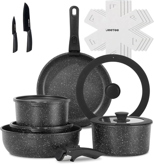 JEETEE Pots and Pans Set Non Stick 17pcs, Kitchen Cookware Sets with Detachable Handle, Induction Nonstick Cookware Set with Removable Handle, Stackable RV Cookware, Oven Safe, PFAS\/PFOA Free, Black