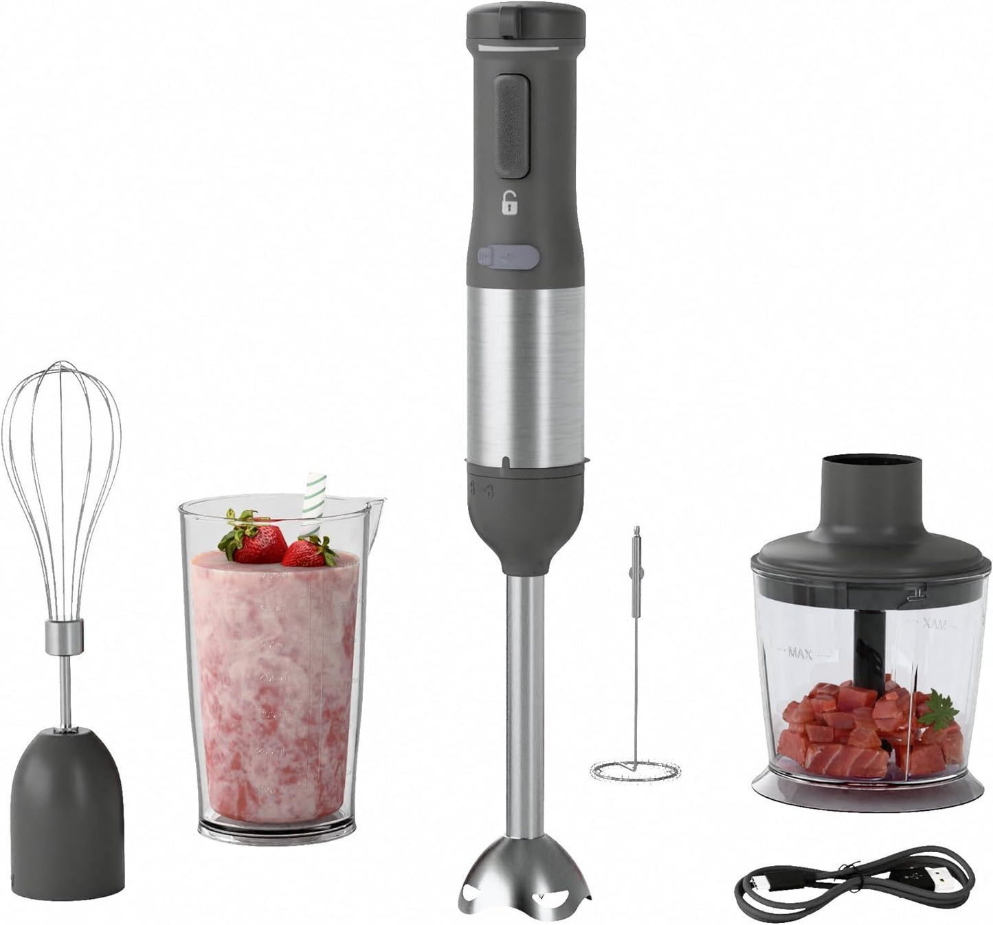 WHUTO Cordless Immersion Hand Blender, 5-in-1 Variable Speed blender handheld,Rechargeable with 2000mAh Battery, BPA-Free & Dishwasher-Safe Accessories:700ml Beaker,Chopper,Whisk & Milk Frother,Grey