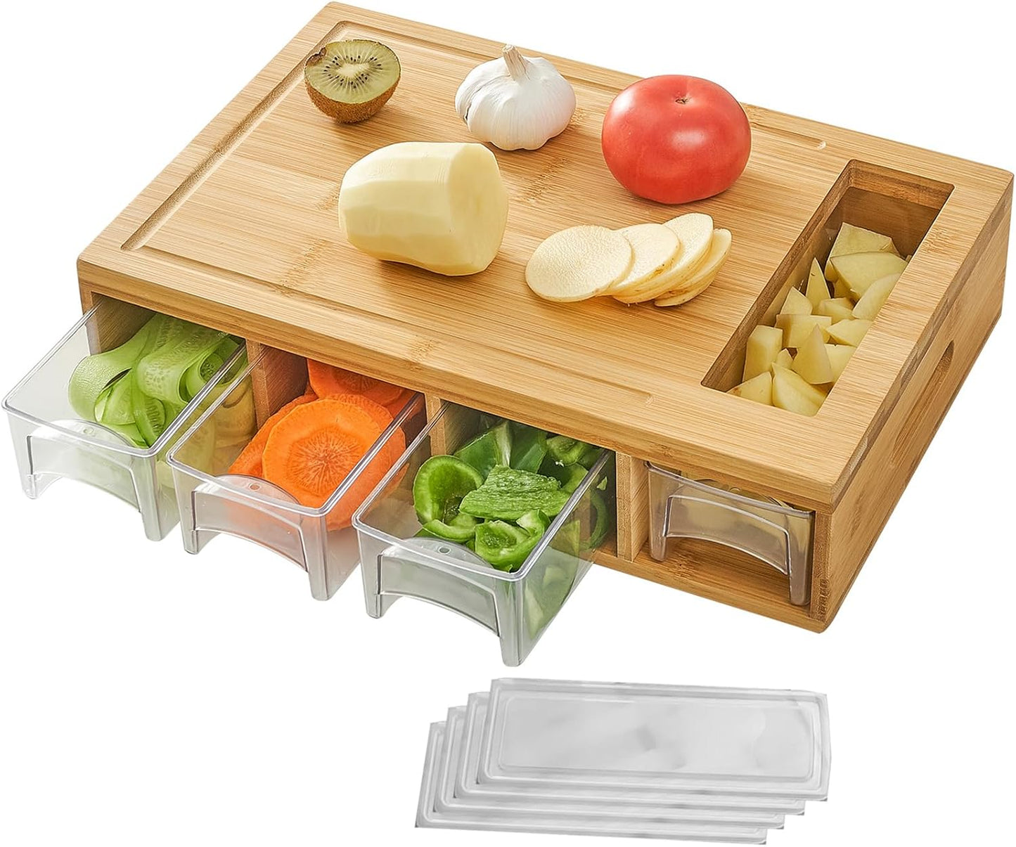 NOVAYEAH Bamboo Cutting Board with 4 Trays, Large Chopping Board with Containers, Juice Grooves, Easy-grip Handles & Food Sliding Opening, Carving Board with Trays for Food Storage