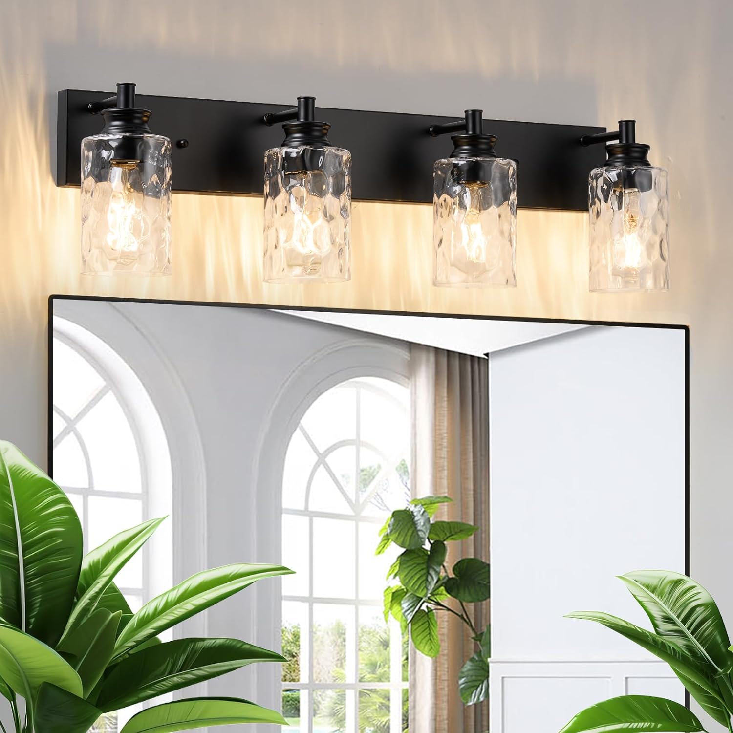 AMRUIPO 4 Light Bathroom Vanity Light Modern Black Bathroom Light Fixtures Over Mirror with Hammered Glass Lampshade for Kitchen Hallway
